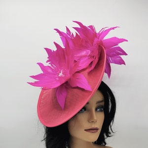 Large Hot Pink Kentucky Derby Fascinator - Fuchsia Wedding Hat, Kentucky Derby Hat, Race Hat, Tea Party Hat, Bridal Hat,  Fancy Hat