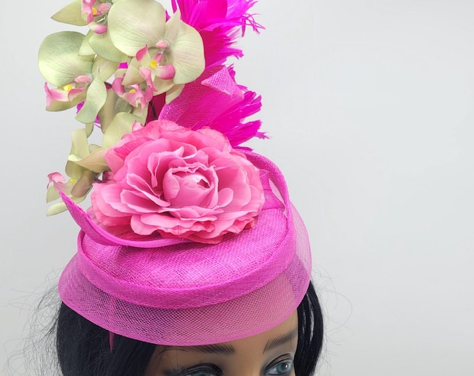 Hot Pink and Lime Green Kentucky Derby Fascinator - Orchids flowers Ascot, Mother's Day, Easter