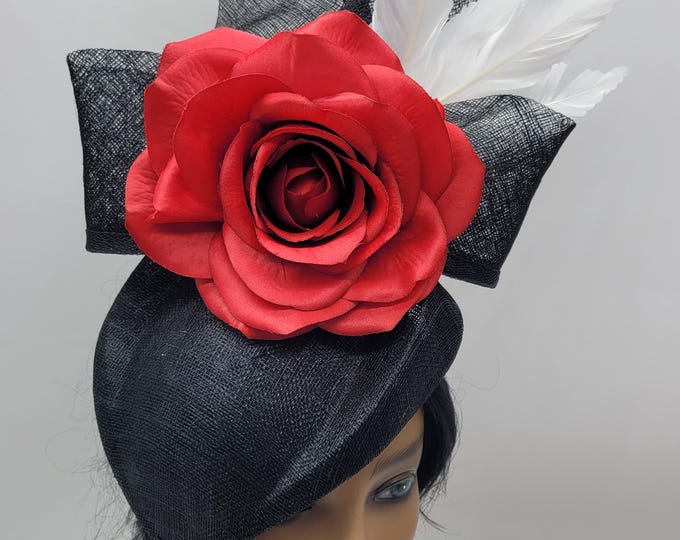 Black and Red Kentucky Derby Fascinator: White Rose Floral Ascot Hat