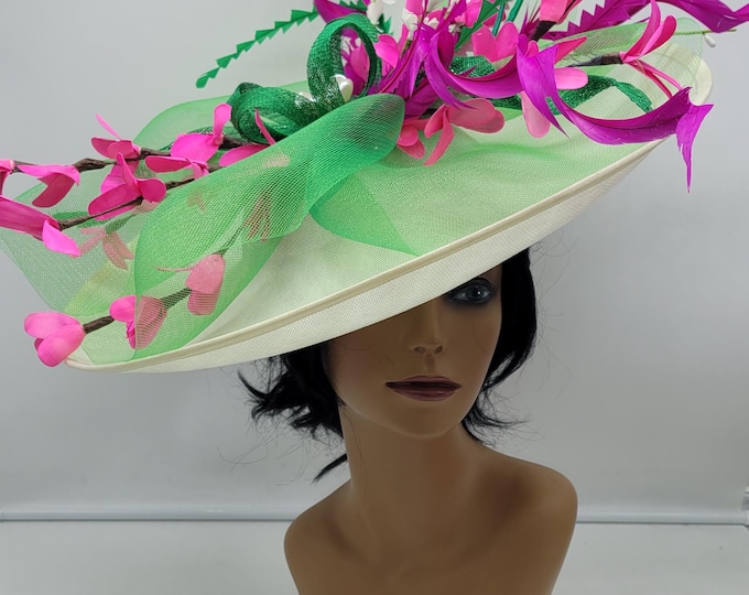 Extra Large Ivory, Green and Hot Pink Fascinator