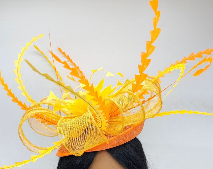 Extra Large Orange and Yellow Kentucky Derby Hat- Wedding Fascinator, Race Hat, Church, Tea Party Hats