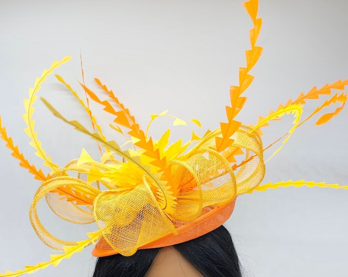 Extra Large Orange and Yellow Kentucky Derby Hat- Wedding Fascinator, Race Hat, Church, Tea Party Hats