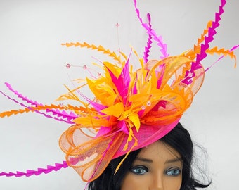 Orange and Hot Pink Kentucky Derby Fascinator - Wedding Fascinator, Race Hat, Church, Tea Party Hats