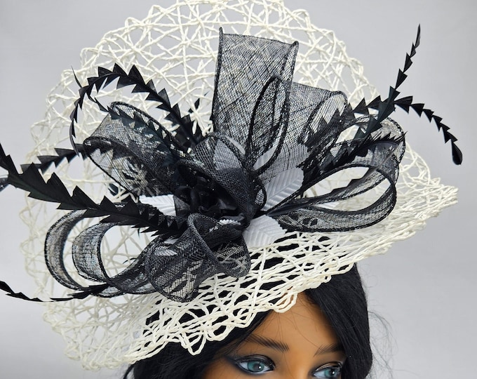Large Ivory and black Kentucky Derby Hat - Large  Hat, Funeral, Race Hat, Tea Party Hat, Bridal Hat, Fancy Hat