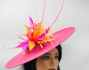 Large Hot Pink and Orange Kentucky Derby Fascinator - Wedding Hat, Fuchsia Hat, Easter Hat, Tea Party Hat, Bridal Hat, Church Hat, Fancy Hat