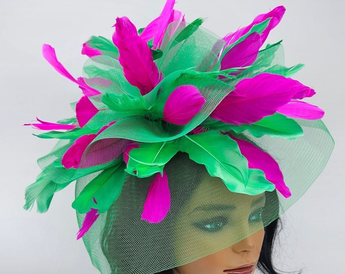 Green and Pink Kentucky Derby Hat, Green Fascinator, Mardi Gras, Race Hats, Church, Photoshoot, St Patrick's Day