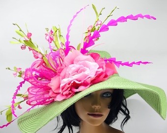 Große lindgrüne und rosa Kentucky Derby-Hüte – Hochzeitshut, Royal Ascot, Kirchenhut, Osterhut, Rennhut