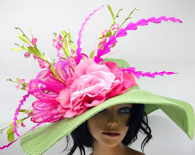 Large Green and Pink Kentucky Derby Hats - Wedding Hat, Royal Ascot, Church Hat, Easter Hat Race Hat