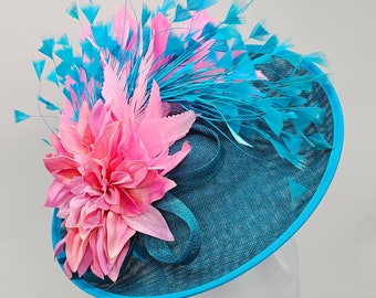 Teal Blue and Pink Kentucky Derby Fascinator, Blue Wedding Hat, Royal Ascot, Tea Party Hat