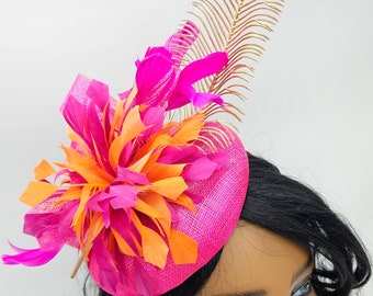 Hot Pink and Orange Kentucky Derby Fascinator - Wedding Hat, Fuchsia Hat, Easter Hat, Tea Party Hat, Bridal Hat, Church Hat, Fancy Hat