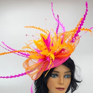 Orange and Hot Pink Kentucky Derby Fascinator - Wedding Fascinator, Race Hat, Church, Tea Party Hats