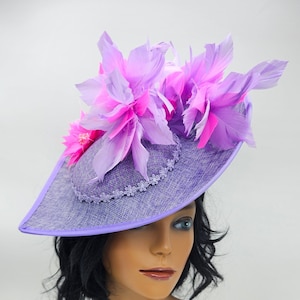 Large Lavender Purple and Hot Pink Kentucky Derby Fascinator - lilac Church Hat