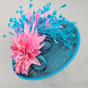 Teal Blue and Pink Kentucky Derby Fascinator, Blue Wedding Hat, Royal Ascot, Tea Party Hat