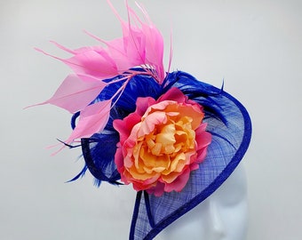 Royal Blue Kentucky Derby Fascinator: Pink Floral Race Hat  display picture 1