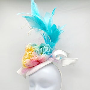 White and Light Blue Kentucky Derby Fascinator - Wedding Hat, Fuchsia Hat, Easter Hat, Tea Party Hat, Bridal Hat, Church Hat, Fancy Hat