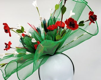 Green Kentucky Derby Fascinator Hat: Red Flower Headband