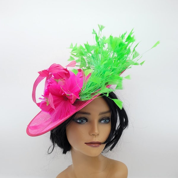 Hot Pink and Lime Green Kentucky Derby Fascinator - Wedding Hat, Fuchsia Hat, Easter Hat, Tea Party Hat, Bridal Hat, Church Hat, Fancy Hat