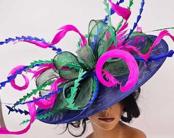 Extra Large Blue & Green Fascinator: Kentucky Derby Race Hat
