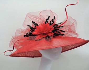 Extra Large Red Kentucky Derby Fascinator Hat -Wedding Hat, Kenturky Derby Hat, Easter Hat, Tea Party Hat, Bridal Hat, Church Hat, Fancy Hat