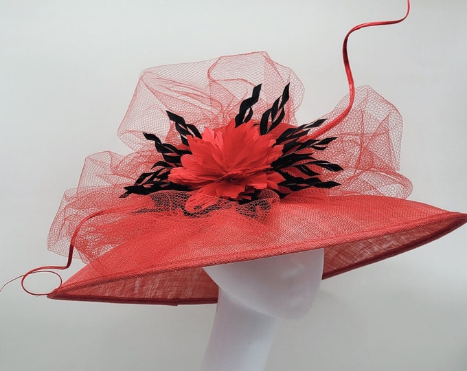 Extra Large Red Kentucky Derby Fascinator Hat -Wedding Hat, Kenturky Derby Hat, Easter Hat, Tea Party Hat, Bridal Hat, Church Hat, Fancy Hat