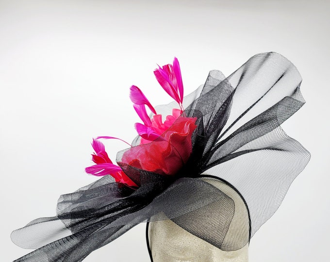 Black and Hot Pink Kentucky Derby Fascinator-  Fuchsia Hat, Wedding Hat, Derby Hats, Royal Ascot, Vintage Hat, Church Hat, Easter Hat