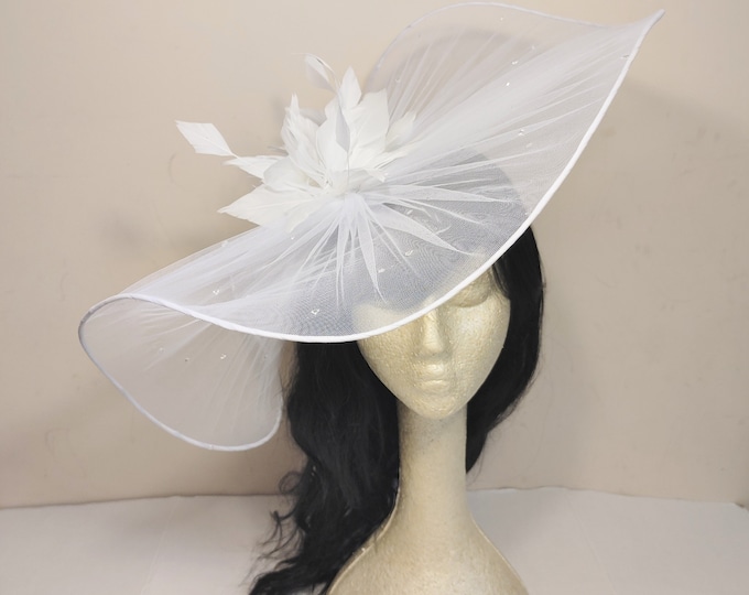 Extra Large White Wedding Hat, Kentucky Derby,  Saucer Fascinator, Bridal Shower, large Hat Bachelorette, Saucer
