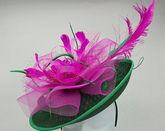 Green and Hot Pink Kentucky Derby Fascinator, Green Hat,  Race Hats, Church, St Patrick's Day
