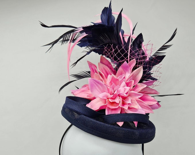 Navy Blue and Pink Kentucky Derby  Hat -  Church Hat