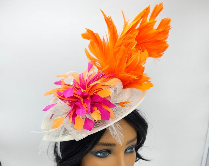 White, Hot Pink and Orange Fascinator Hat - Wedding Hat, Kentucky Derby Hat, Race Hat, Fancy Hat