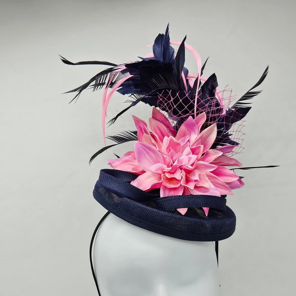 Navy Blue and Pink Kentucky Derby Hat -  Wedding Hat, Easter Hat, church hat, bridal hat