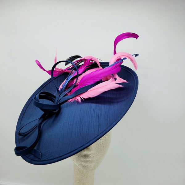 Large Navy Blue Kentucky Derby Hat -  Blue and Pink Wedding Hat, Easter Hat, church hat, bridal hat