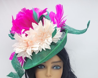 Green Sinamay Kentucky Derby Hat: Pink Feather Fascinator