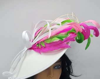 White Kentucky Derby Fascinator Hat: Pink & Purple Feather Bow