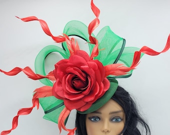 Green and Red Kentucky Derby large Loops Fascinator, Green Fascinator,  Kelly Green Hat, Race Hats, Church, Photoshoot, St Patrick's Day