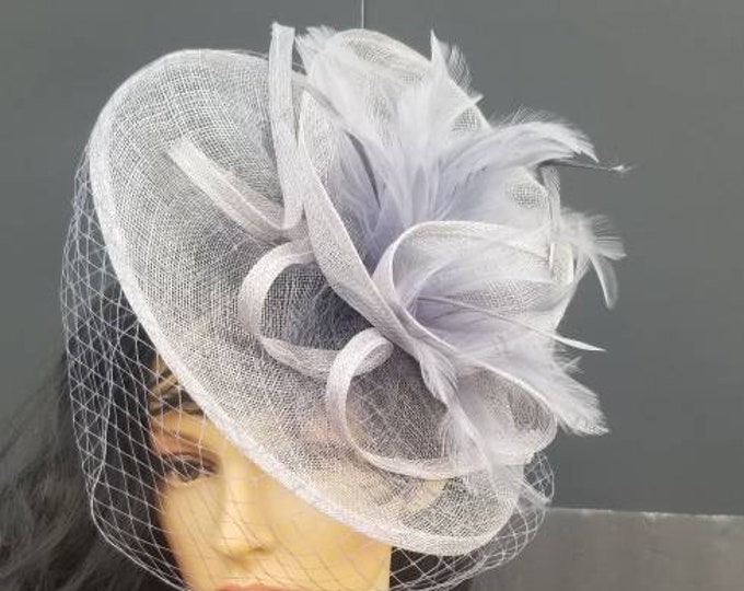 Silver Kentucky Derby Hat, Veil Fascinator- Wedding Hat, Tea Party Hat, Bridal Hat, Church Hat, Fancy Hat