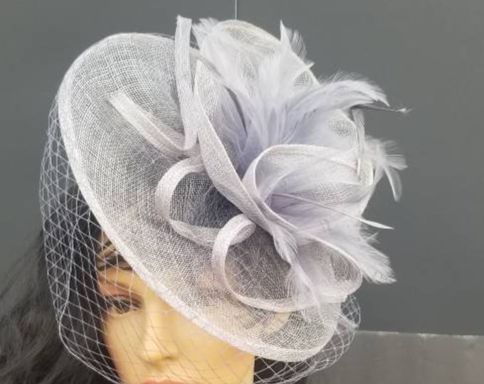 Silver Kentucky Derby Hat, Veil Fascinator- Wedding Hat, Tea Party Hat, Bridal Hat, Church Hat, Fancy Hat