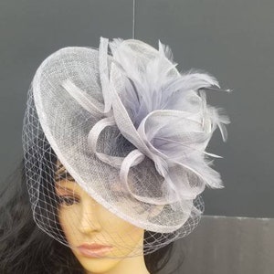 Silver Kentucky Derby Hat, Veil Fascinator- Wedding Hat, Tea Party Hat, Bridal Hat, Church Hat, Fancy Hat