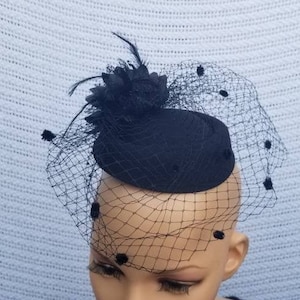 Black Veil Fascinator Hat - Pillbox Wedding birdcage, Kentucky Derby, Cocktail Party, church, Bridesmaids Hat, Tea Party