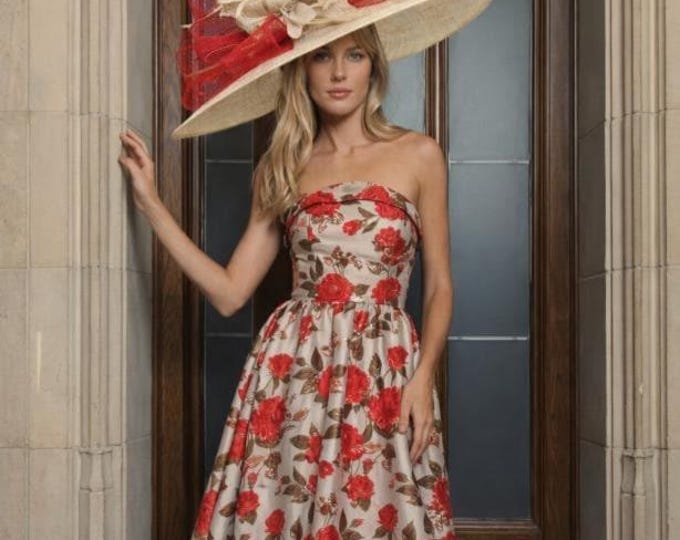 Large Tan and Red  Kentucky Derby Hat -  Beige Wedding Hat, Kentucky Derby Race, Vintage