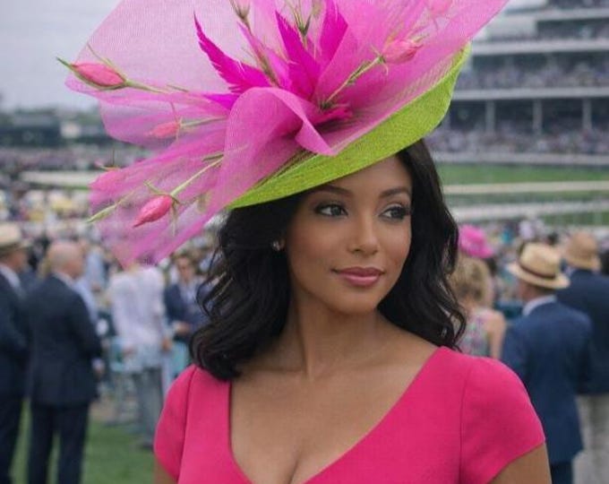 Lime Green Kentucky Derby Hat: Pink Floral Ascot Wedding Hat