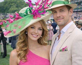 Extra Large Ivory, Green and Hot Pink Fascinator