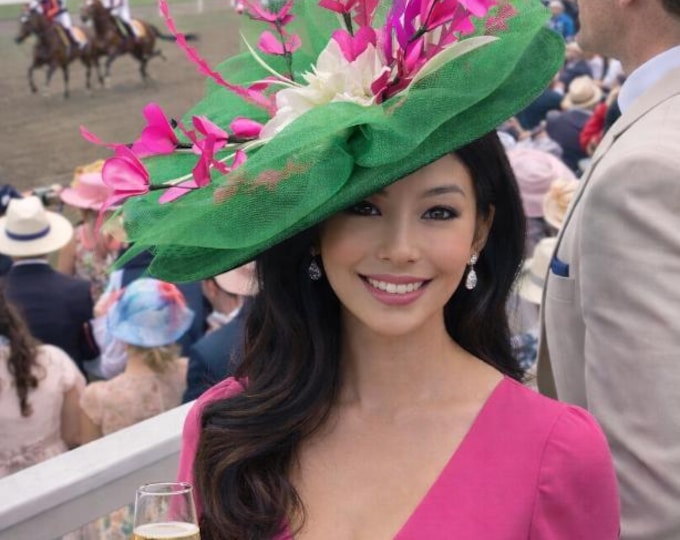 Large Green and Pink  Kentucky Derby Hatinator: White and Fuchsia Feathers and Floral Race Hat