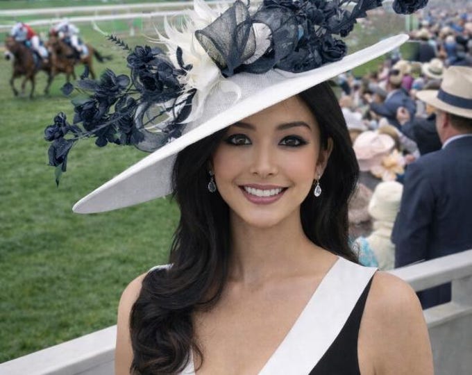 Large White and Black Kentucky Derby Fascinator: Bridal Tea Party Race Hat