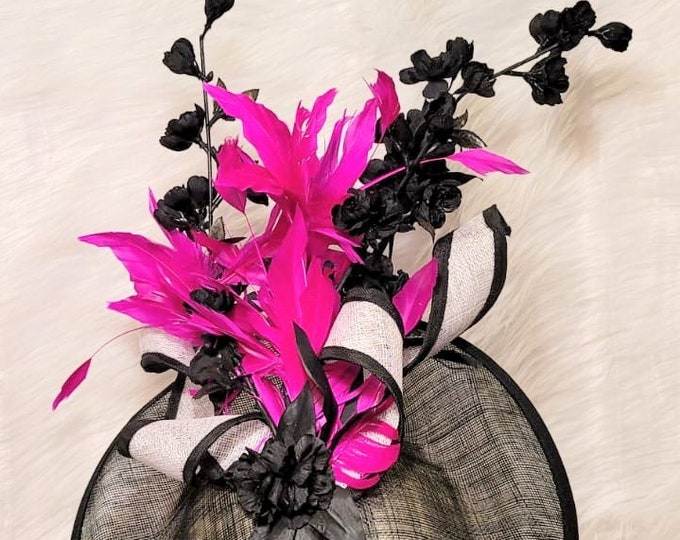 Black and Hot Pink Kentucky Derby Hat-  Fuchsia Hat, Wedding Hat, Derby Hats, Royal Ascot, Vintage Hat, Church Hat, Easter Hat