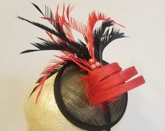 Black and Red Kentucky Derby Fascinator: Feather Cocktail Hat