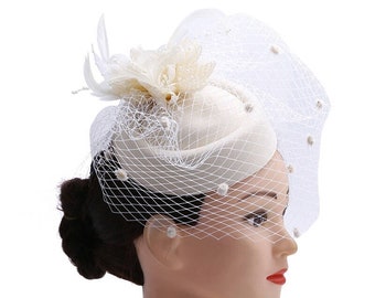 Ivory Veil Fascinator Hat, Pillbox Hat, Wedding, Baptism Kentucky Derby, Easter Hat, Church Hat