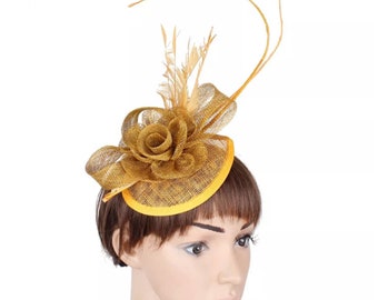 Gold Sinamay Feather Pillbox Hat Fascinator Races Wedding Cocktail Sequin 5427