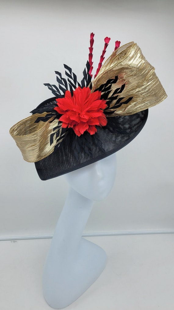 Elegant Red and Gold Fascinator Gloria Fascinator Headband Hat for women- Red/ Black / Gold  main image 3