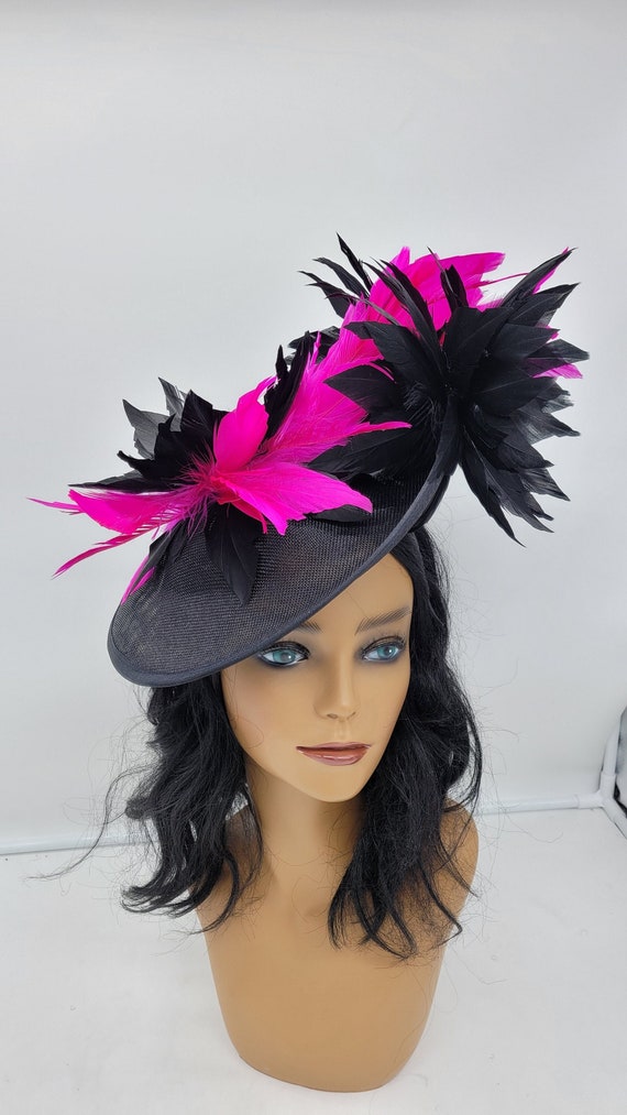 Black and Hot Pink Feather Fascinator: Kentucky Derby Hat - Etsy display picture 1
