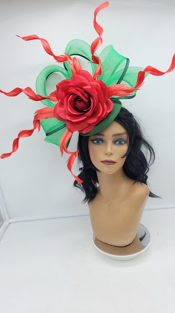 Red Rose Kentucky Derby Fascinator: Green Race Day Headband  display picture 3